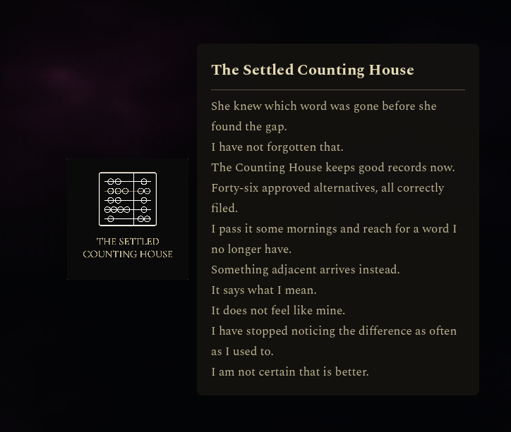 The Settled Counting House legacy district card, showing the haunting arc text about words gone missing