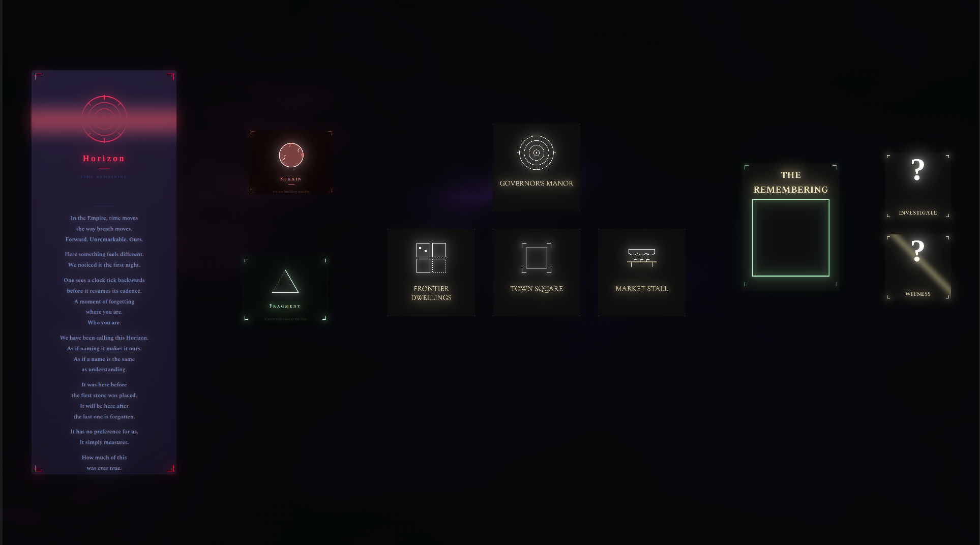 The settlement board mid-run, cards spread across the dark frontier field with the Horizon glowing red at left