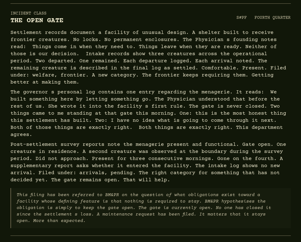 The final settlement disposition screen showing The Open Gate incident filing