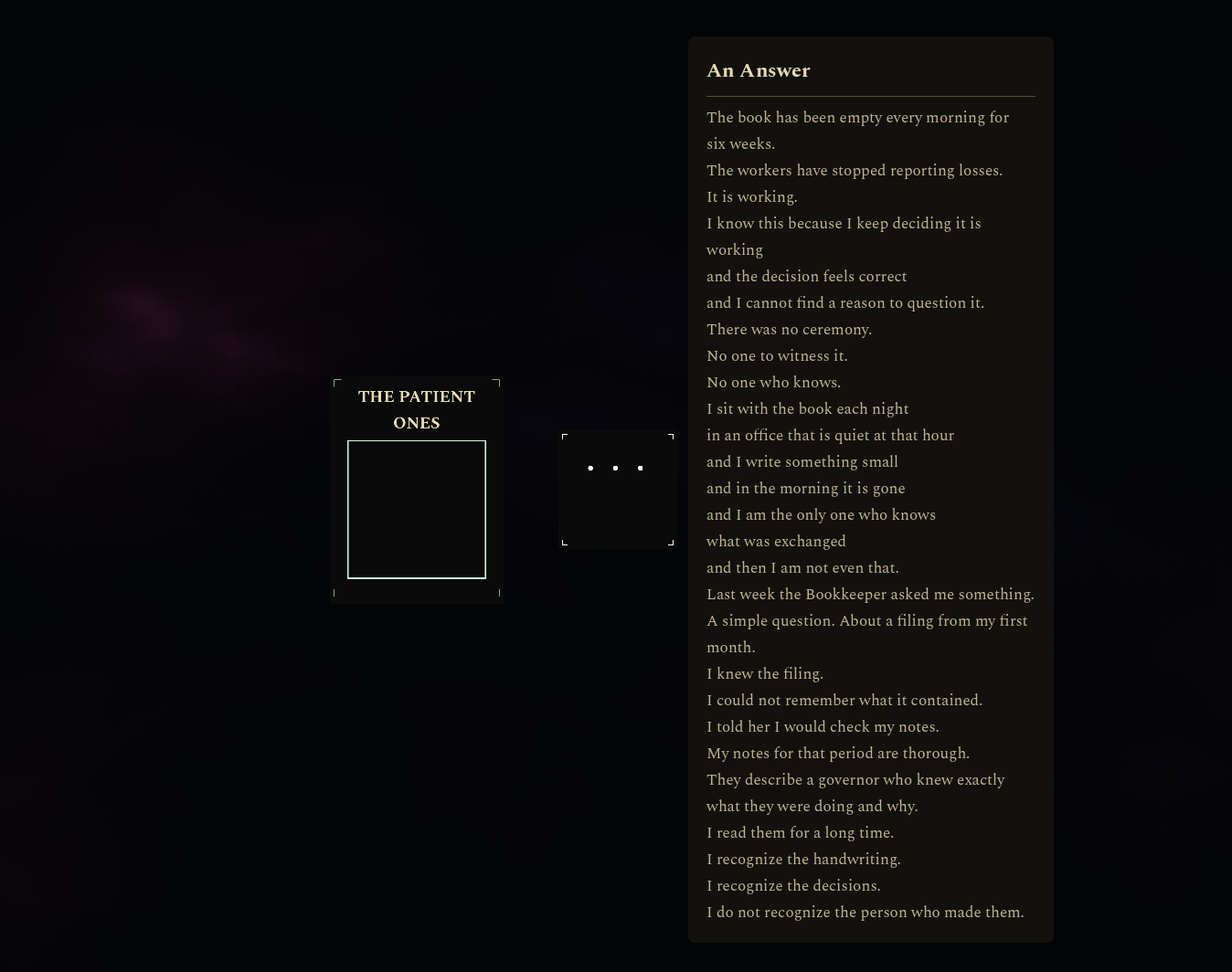 The Patient Ones story arc panel, showing the governor's account of memory being slowly exchanged